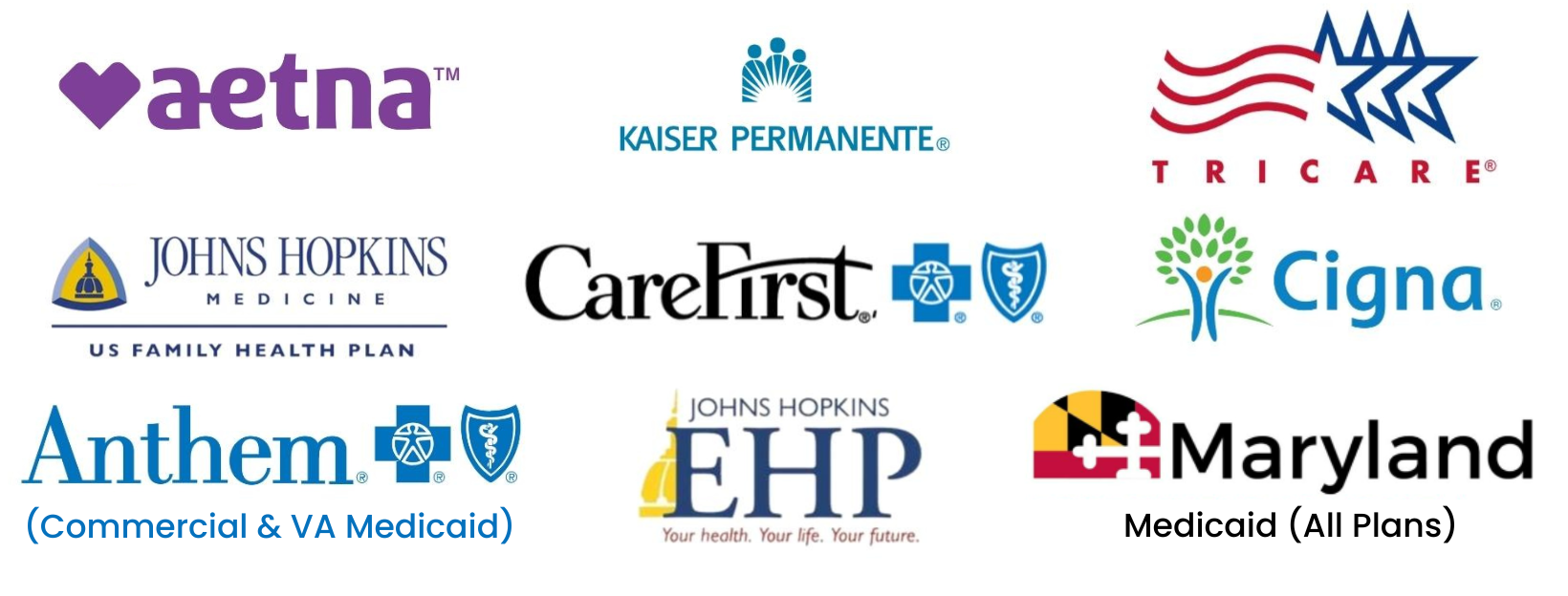 Graphic showing the logos of various insurance providers accepted by Ally Behavior Centers.